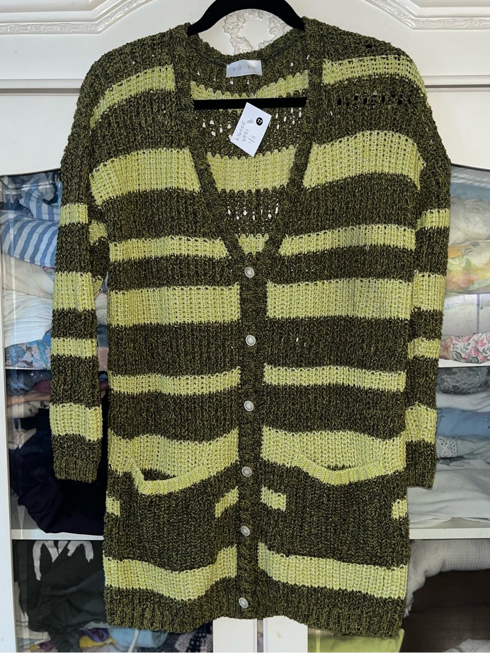 🍋‍🟩💚POLES Maison Montagut Open Knit Striped Long Cardigan